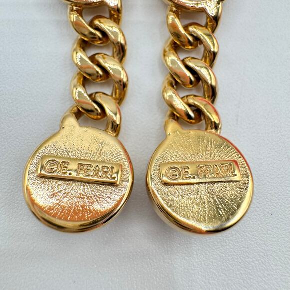 Erwin Pearl Faux Pearl Cabochon Curb Chain Drop Earrings Gold Tone Chic Signed - Picture 7 of 12